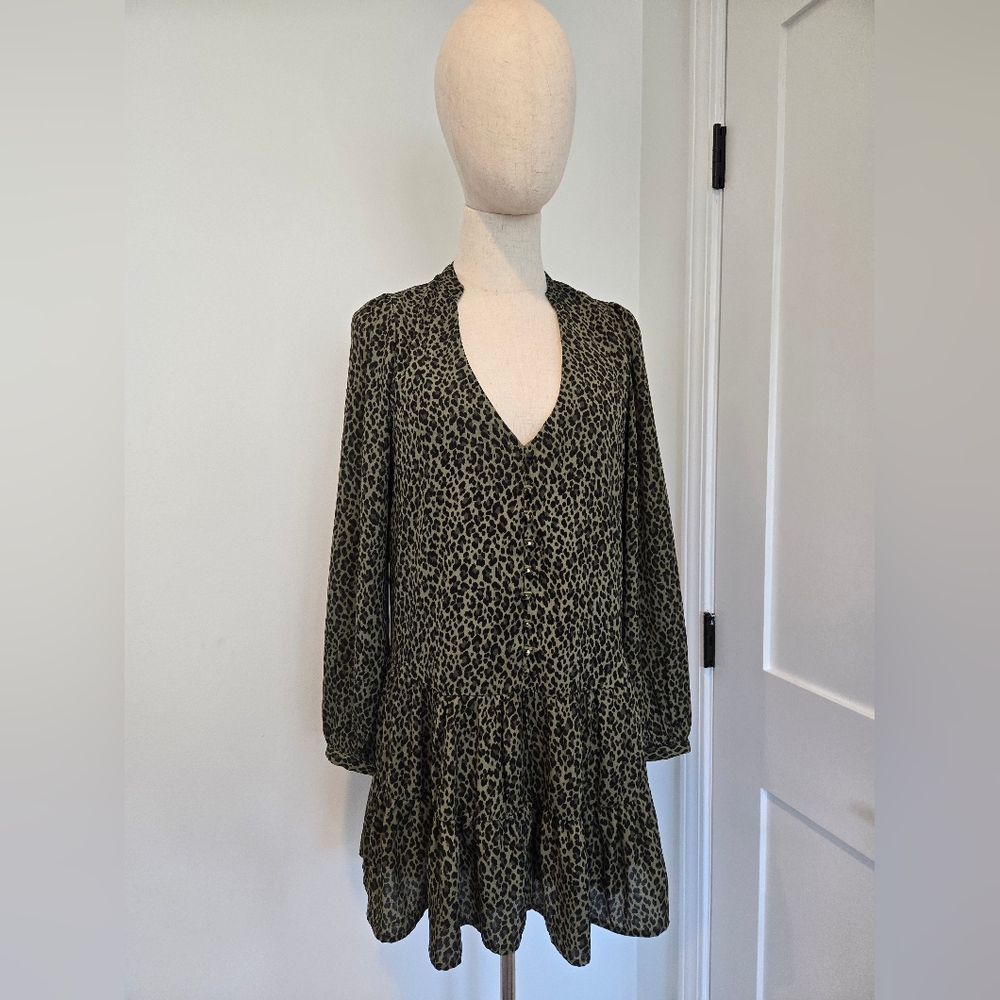 Leopard Print Long Sleeve Dress Drop Waist Boho